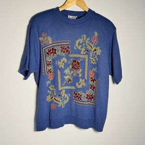 Vintage Cricket Lane Floral Knit Short Sleeve Sweater Top Purple Ramie Sz L READ